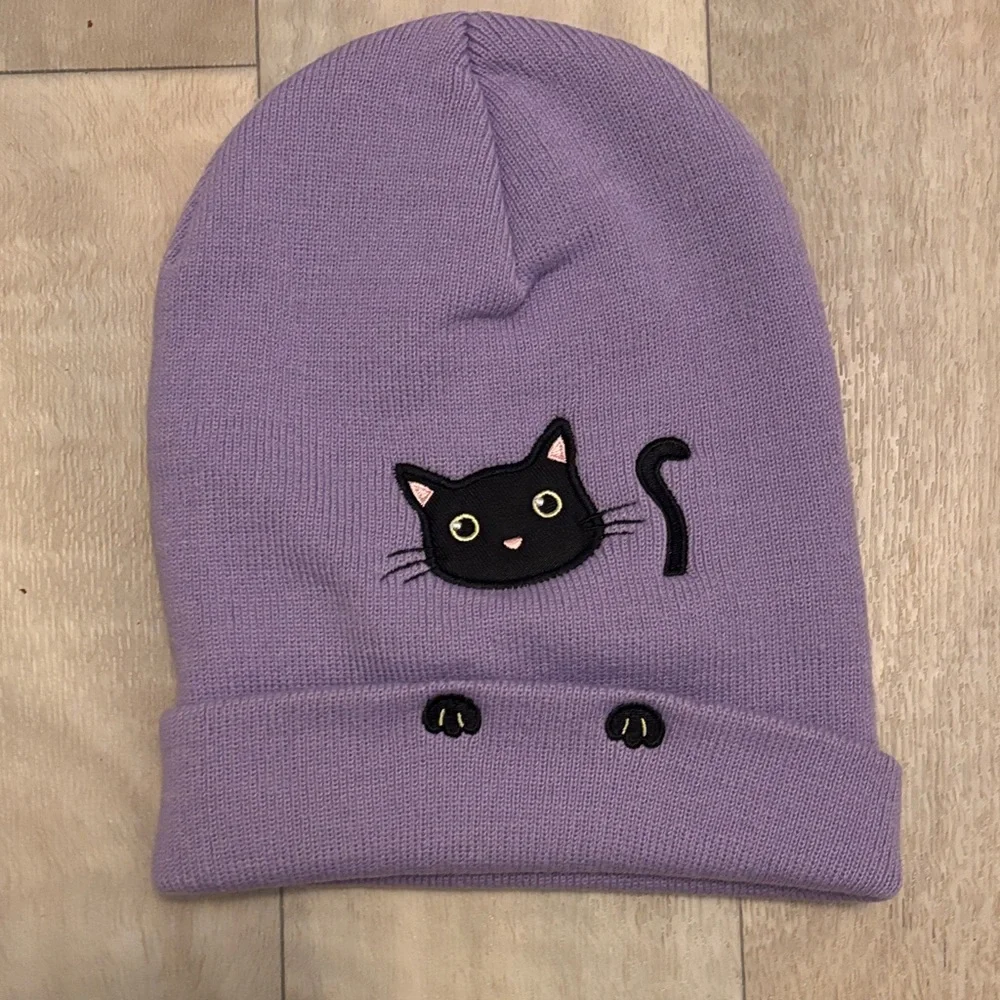 Purple Beanie with Black Cat Design
